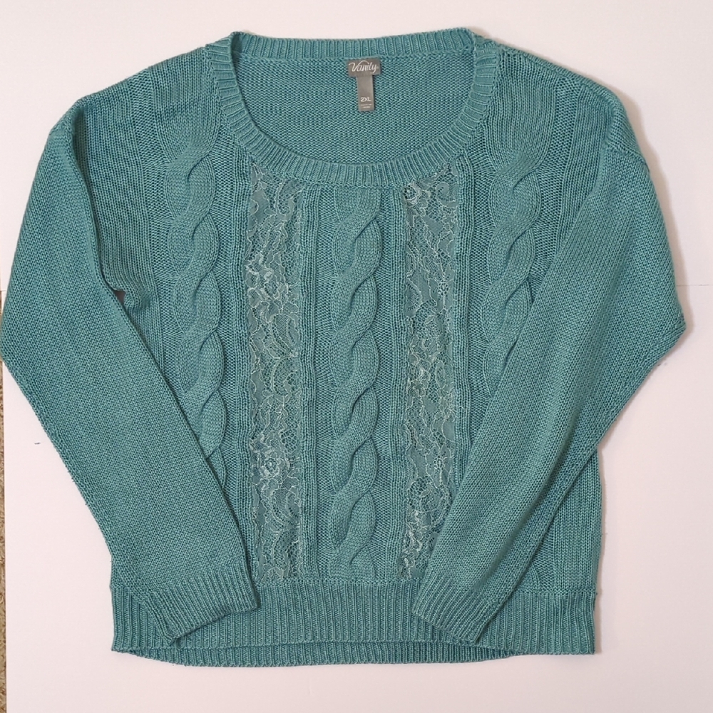 Cable Knit Lace Panel Sweater Womens 2XL Teal Aqua Cozy Cottagecore Knit Top